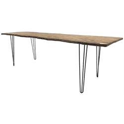 Rustic elm slab dining table, raw edge rectangular plank top, on black finish out-splayed supports 