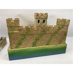 Sectional wooden fort on base with painted textured finish 46 x 36cm; together with over thirty lead and die-cast white metal soldiers and horses by various makers; and a small quantity of plastic figures of soldiers