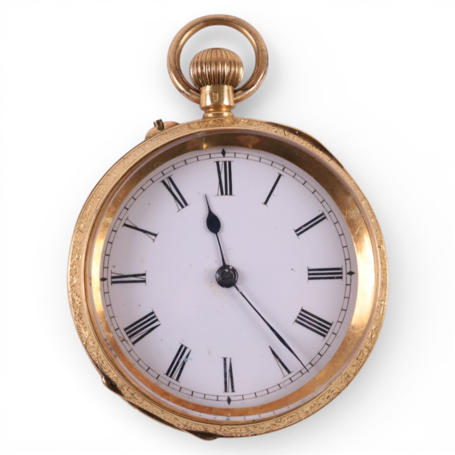 
Early 20th century 18ct gold open face keyless cylinder pocket watch, white enamel dial with Roman numeral hour markers, engraved foliate case, stamped 18K with Helvetia hallmark
