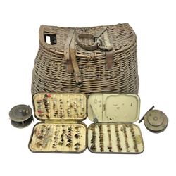 Hardy Bros fly tin containing a collection of fishing flies, together with a similar Charles Farlow & Co example, two brass reels and a fishing basket