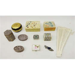  Chinese pierced white metal pill box, another pill box stamped silver, cast metal pin cushion in the form of a shoe, oriental pierced bone fan and other trinket boxes (11)  