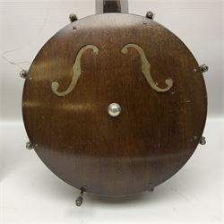 George Formby banjolele with metal plaque to headstock L55cm; in carrying case with instruction booklet.