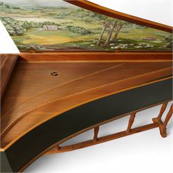 20th century “French style” Two manual Harpsichord by John Rooks of Tincknall (1971).
Double manual keyboards with three sets of strings: Two Unison, one octave and “buff” stop. Black outer casing with gold banding, five octave keyboards with 63 keys E1-G6, with black naturals and synthetic covered white sharps, inner lid painted with a rural scene, with adjustable music desk. Soundboard, bridges, strings and synthetic jacks in good condition with just one small crack to the treble area of the soundboard, key action with reasonable repetition and damping but in need of some regulation, case raised on turned baluster supports.

 You can find and listen to an example of Alan Cuckston playing this particular Harpsichord in the link below:
The King’s Hunt by John Bull

Given the intricate nature of these historic instruments, specialist support will be available if required, to assist successful buyers with safe removal and onward handling. Price upon application. 

