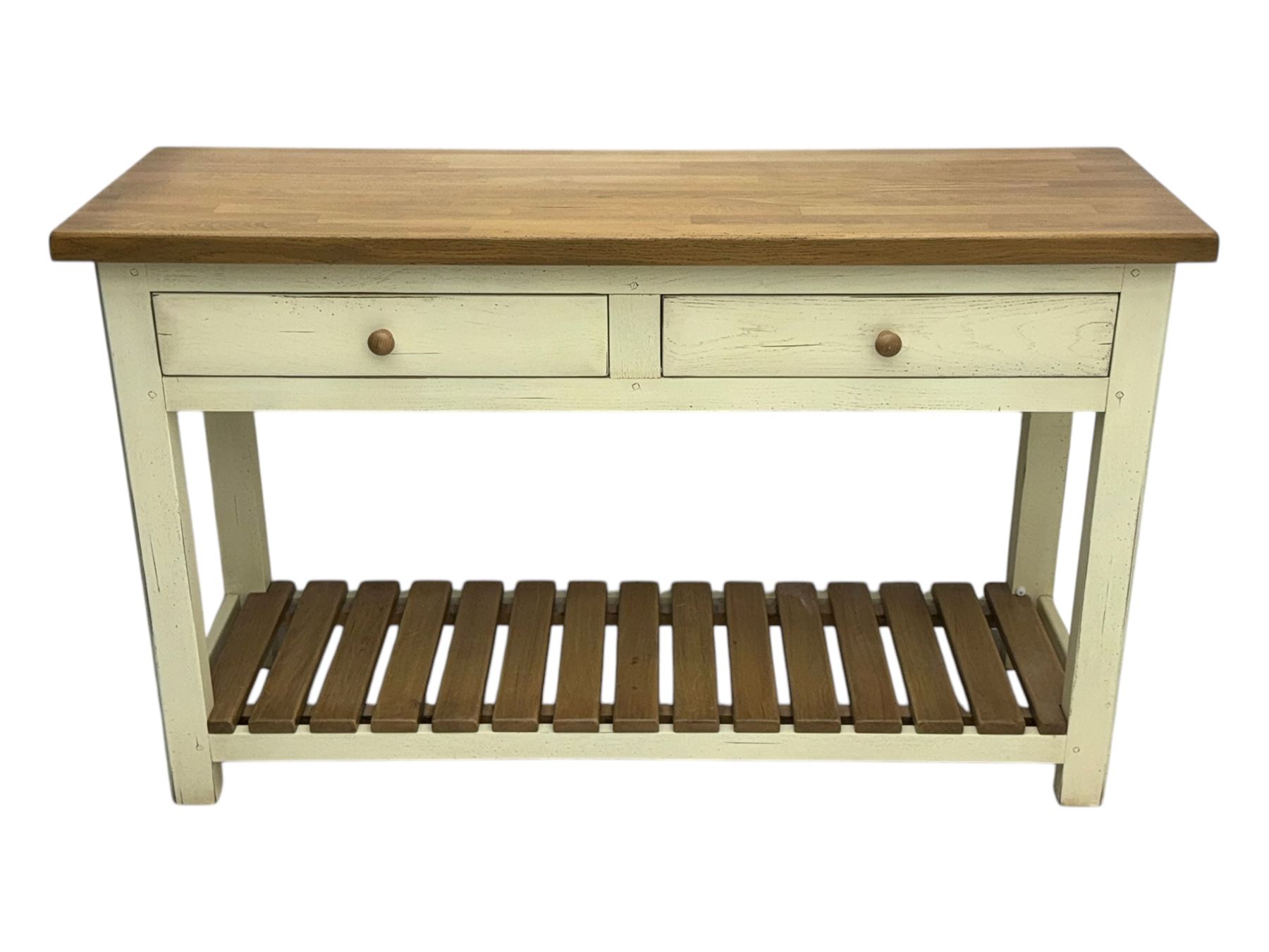 Fired Earth - contemporary Bastide style console table, oak top over cream painted frame fitted with two drawers and turned wooden handles, above a slatted oak undertier, raised on square supports