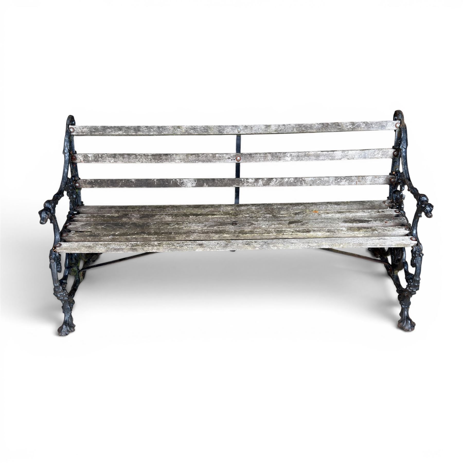 Victorian revival Coalbrookdale 'Dog and Serpent' pattern heavy cast iron garden bench, grape vine detail, joined with eight hardwood slats, finished in black paint