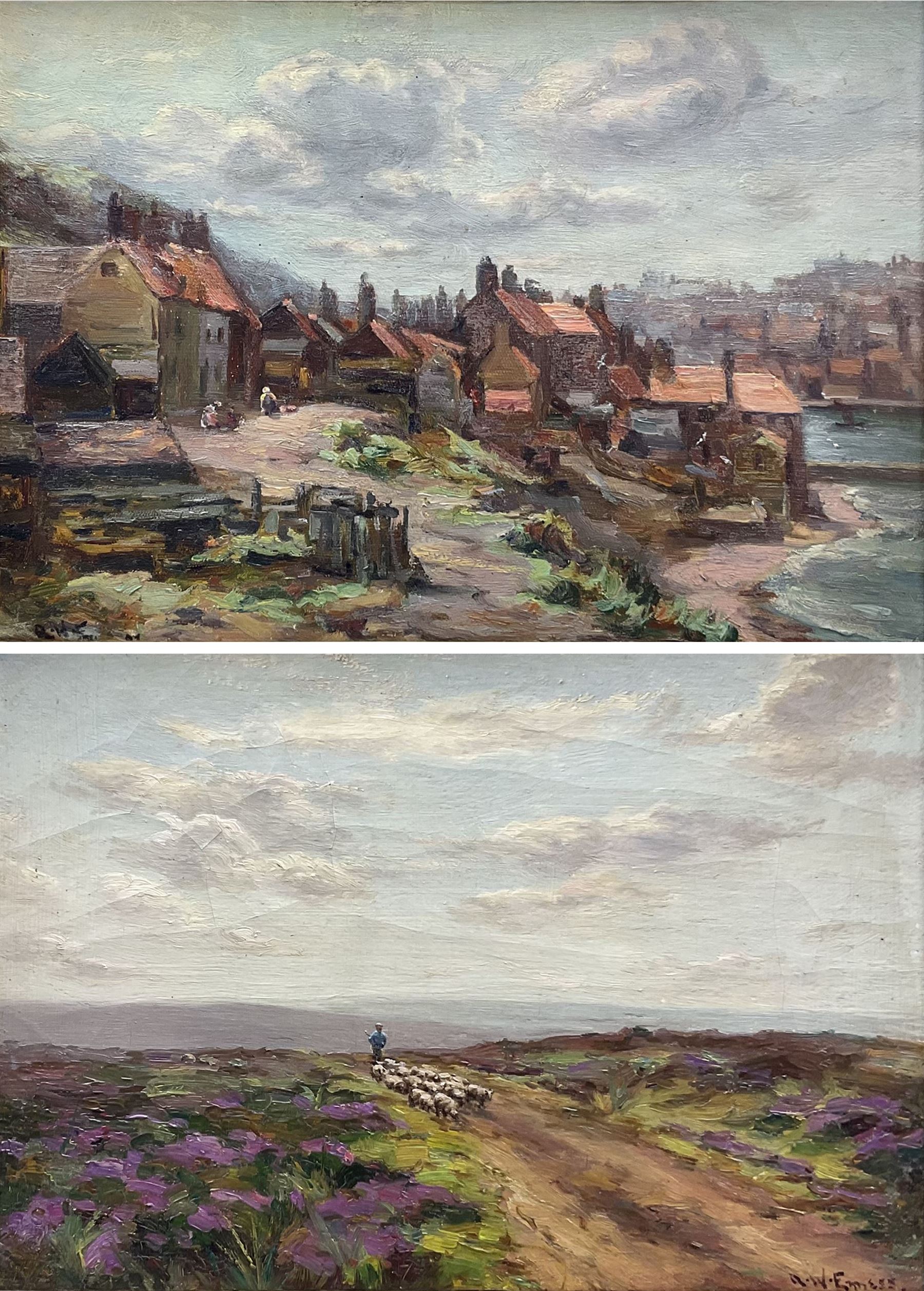 Augustus William Enness (British 1876-1948): Henrietta Street East Cliff Whitby and Driving Sheep on a North Yorks Moorland Track, pair oils on canvas one signed the other signed with initials 24cm x 34cm (2)