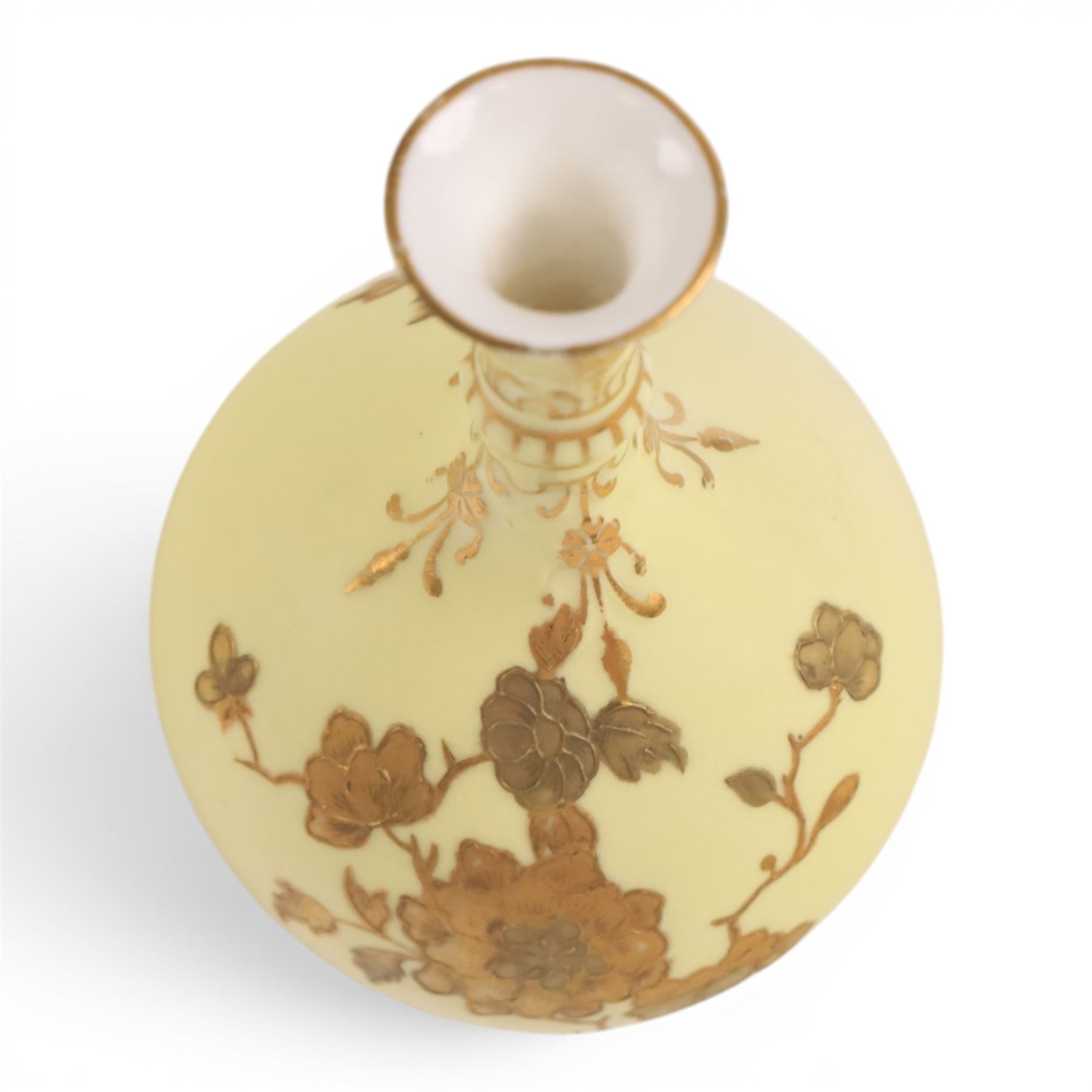 Pair of Royal Crown Derby bud vases, decorated with gilt floral sprigs upon a yellow ground, marked beneath, H14cm