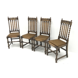 Set four 1920's birch barley twist dining chairs, upholstered drop in seat, turned supports, W46cm