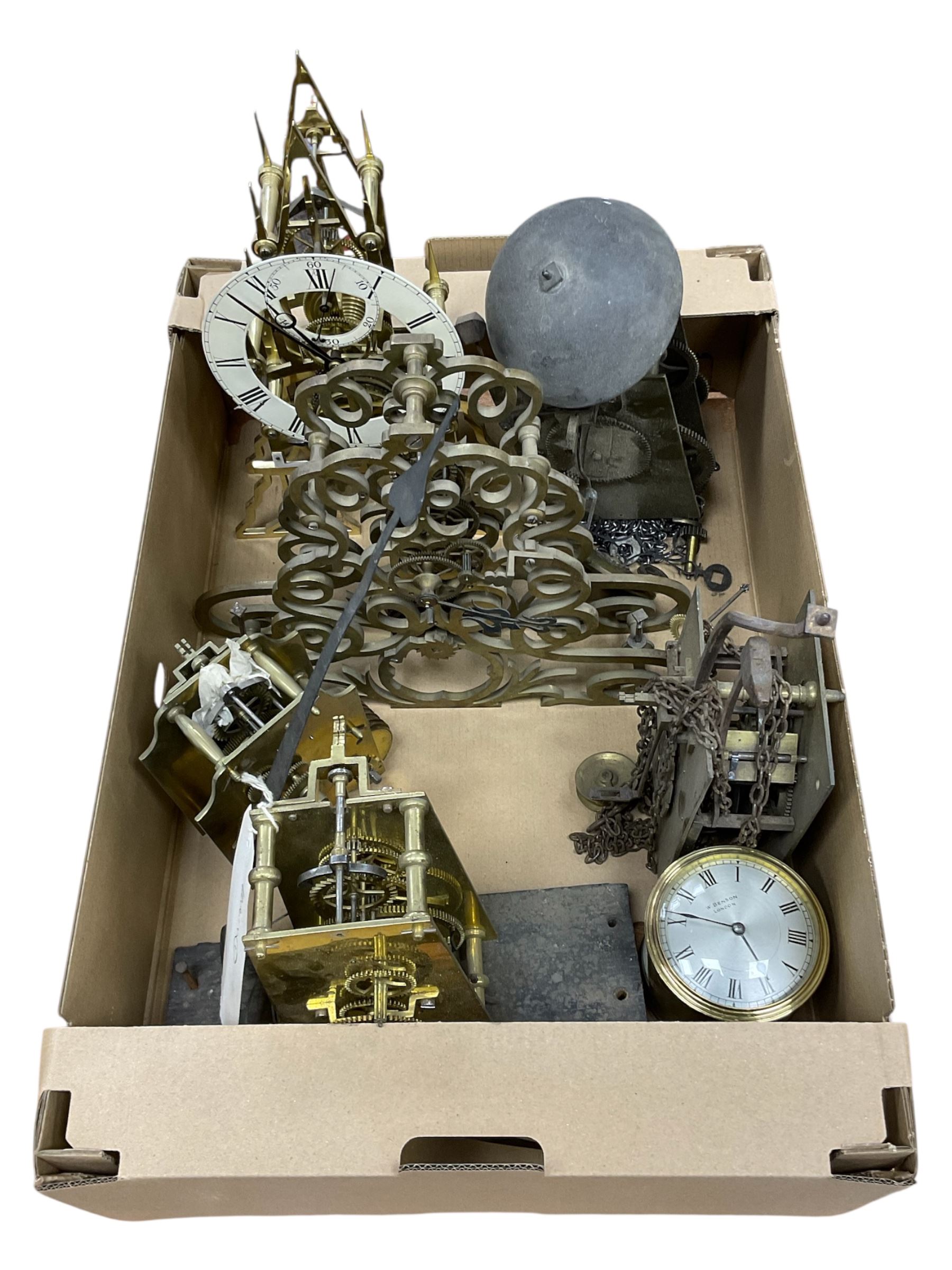 Two skeleton clock movements, tavern clock movement, and further clock movements, all for restoration 