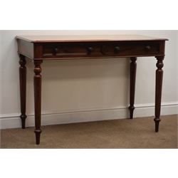  19th century mahogany side table, moulded top and two frieze drawers, on turned supports, W112cm, H77cm, D52cm  