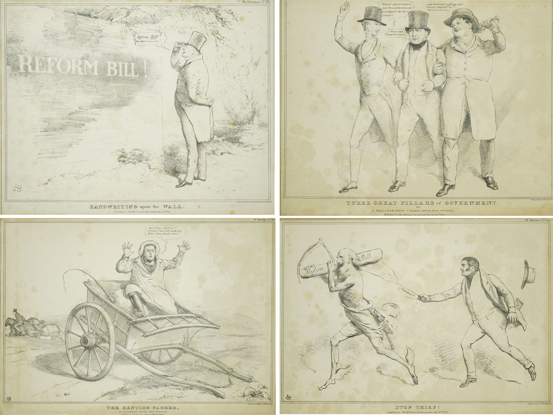John 'HB' Doyle (British 1797-1868): 'Handwriting upon  the Wall' 'Stop Thief' 'Three Great Pillars of Government' and 'The Kentish Farmer', set four caricature engravings
pub. Thomas McLean 1831, 26cm x 33cm (4)
