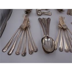 1930s matched set of silver Hanoverian pattern flatware, each with rattail bowls, to include four table spoons, twelve dessert spoons, twelve table forks, twelve dessert forks, twelve teaspoons and twelve coffee spoons, all hallmarked with various makers and dates 