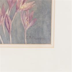 Edith Brearey Dawson (née Robinson) (British 1862-1928): Purple Flowers, watercolour signed 20cm x 15cm
Notes: Edith was the daughter of a Quaker Schoolmaster living in Scarborough as early as 1881, she studied under Albert Strange at the Scarborough School of Art, exhibiting at the Royal Academy and the RBA between 1889 and 1893. She married fellow artist Nelson Ethelred Dawson in 1893 then moving to London she mostly abandoned painting in favour of metal and enamel work.