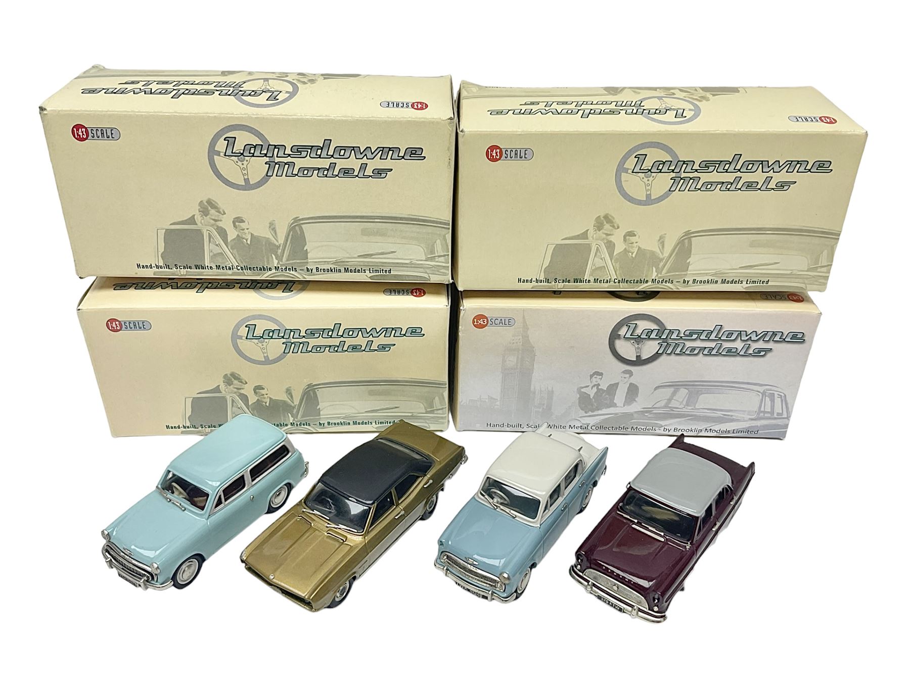 Four Lansdowne Models 1:43 scale models - 1956 Hillman minx Series 1 (Pearl grey over Fiesta blue); 1957 Hillman Husky Series 1 (Seacrest green/foam grey); 1960 Ford Consul MkII (Imperial maroon/smoke grey); and 1972 Vauxhall Ventora 3300 MkII; all boxed (4)