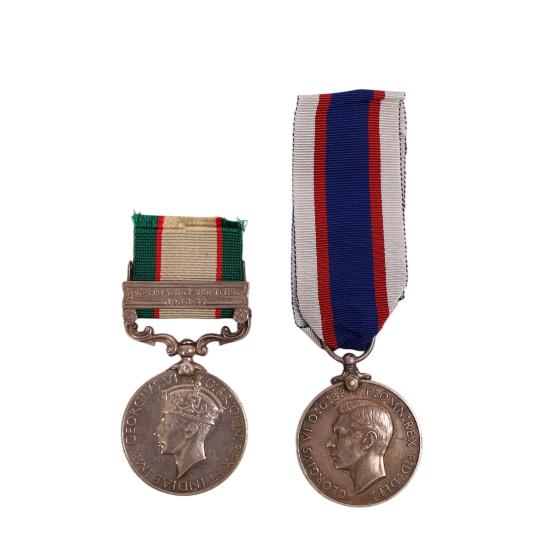 George VI India General Service medal, with North West Frontier 1936-37 clasp, awarded to 10532 Sepoy Mohd Iqbal, 2-2 Punjab R, together with Royal Fleet Reserve Long Service and Good Conduct Medal, awarded to H.Whiteside. PO.B. 21071 A.B.R.F 