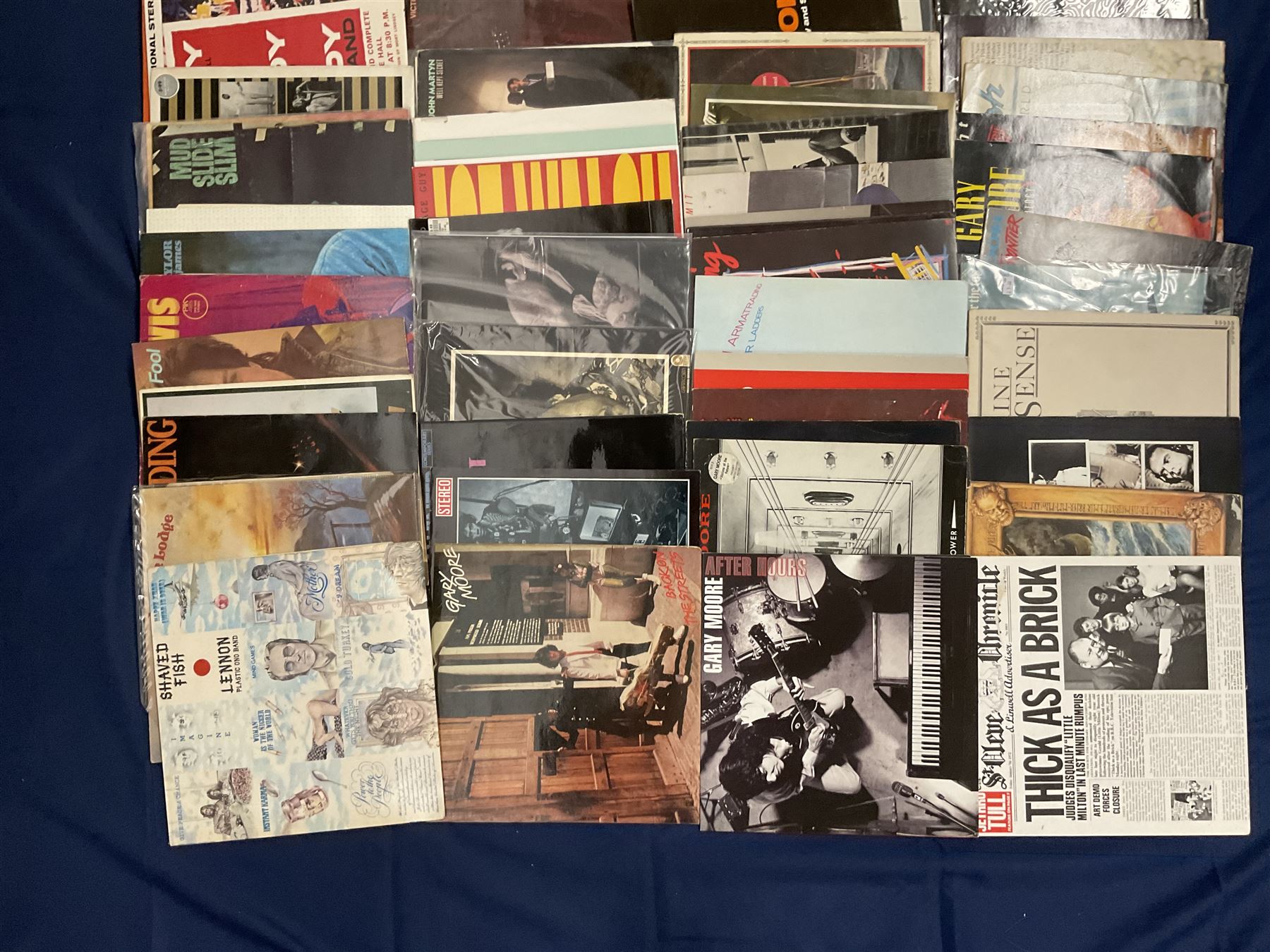 Quantity of vinyl records including Gary Moore 'Victims Of The Future', 'After Hours', 'Anthology', John Martyn 'Glorious Fool', 'Sunday's Child', 'Grace & Danger', Jeff Healey 'Heal My Soul' and other music, approximately 100, in one box