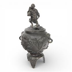 Pair of Japanese bronze koro, raised upon three feet, he body of the koro decorated with figures and animals, the cover mounted with figures, H24cm