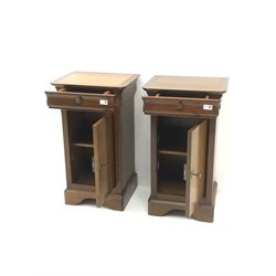 Grange - Pair French cherry wood bedside cabinets, single frieze drawer above cupboard door, shaped plinth base 