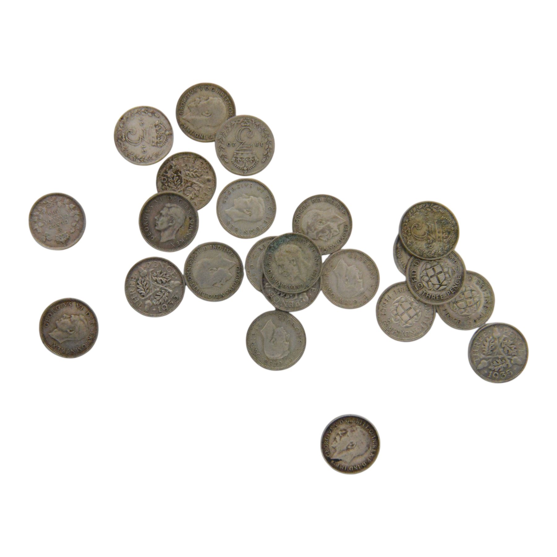 Approximately 108 grams of Great British pre-1920 silver sixpence and threepence coins, and approximately 29 grams of Great British pre-1947 silver threepence coins