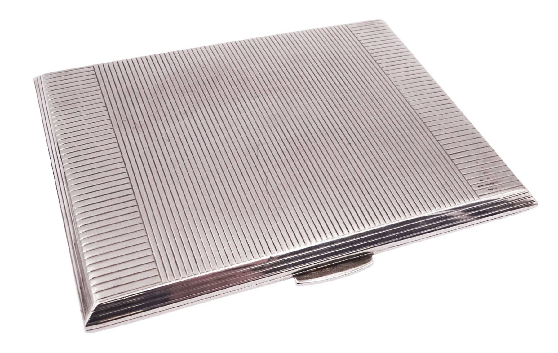 Mid 20th century silver cigarette case, of rectangular form with geometric engraved decoration, hallmarked Dudley Russell Howitt, Birmingham 1947, H8.5cm