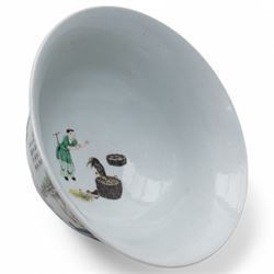 Qing Dynasty famille verte bowl decorated with figures ploughing and weaving, Chinese poetry etc and with Chenghua marks D20cm