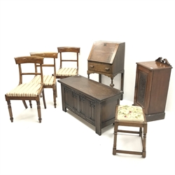  Set three Victorian mahogany dining chairs, upholstered seat, turned supports (W48cm) a narrow oak bureau, fall front enclosing fitted interior (W50cm, H103cm, D41cm) an oak blanket chest an oak stool and a mahogany bedside chest (7)  