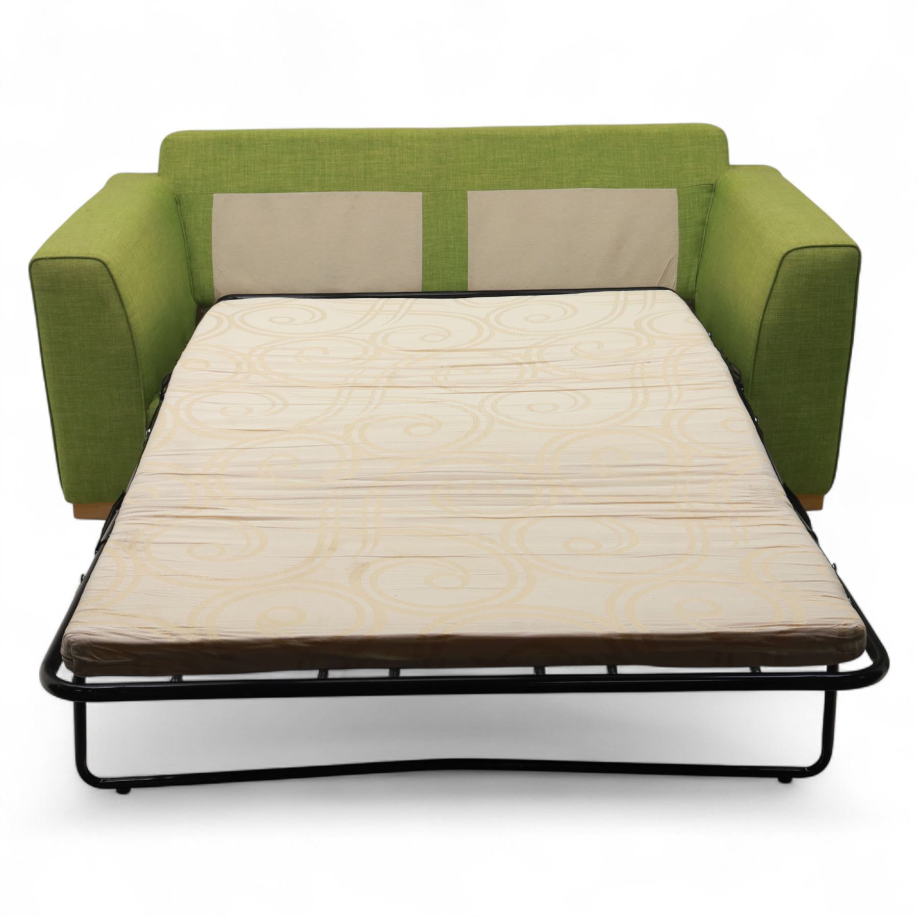 Contemporary lime green upholstered sofa bed, with rectangular arms and two seat cushions, the back with two stitched backrest cushions, on low block feet