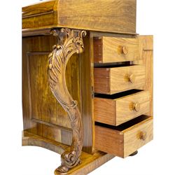 Fine and unusual 19th century olivewood piano top davenport, raised shaped back carved with olive branches and olives, the top hinges to reveal lidded and correspondence compartments, the piano lid enclosing sliding top with hinged and adjustable writing surface with leather inset, right-hand panelled door enclosing four drawers, olive branch and scroll carved cabriole front supports on moulded and shaped platform, turned cup feet with recessed castors 