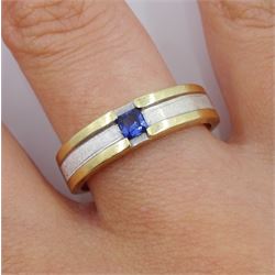 14ct white and yellow gold single stone princess cut sapphire ring, stamped 585