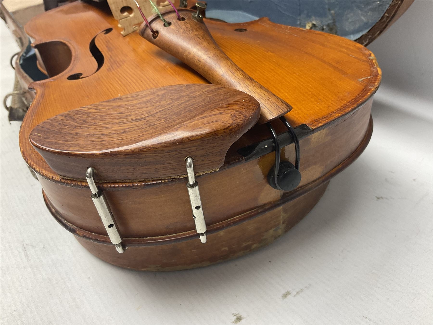 20th century French violin with 36cm one-piece maple back and ribs and spruce top L59cm overall; in mahogany stained wooden carrying case