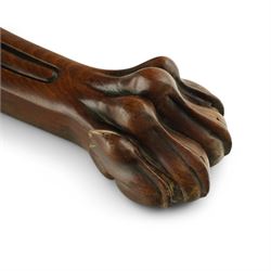 Large Regency mahogany breakfast table, figured rectangular tilt-top with rounded corners, on wide turned pedestal with four out-splayed moulded supports, paw carved terminals with recessed castors 