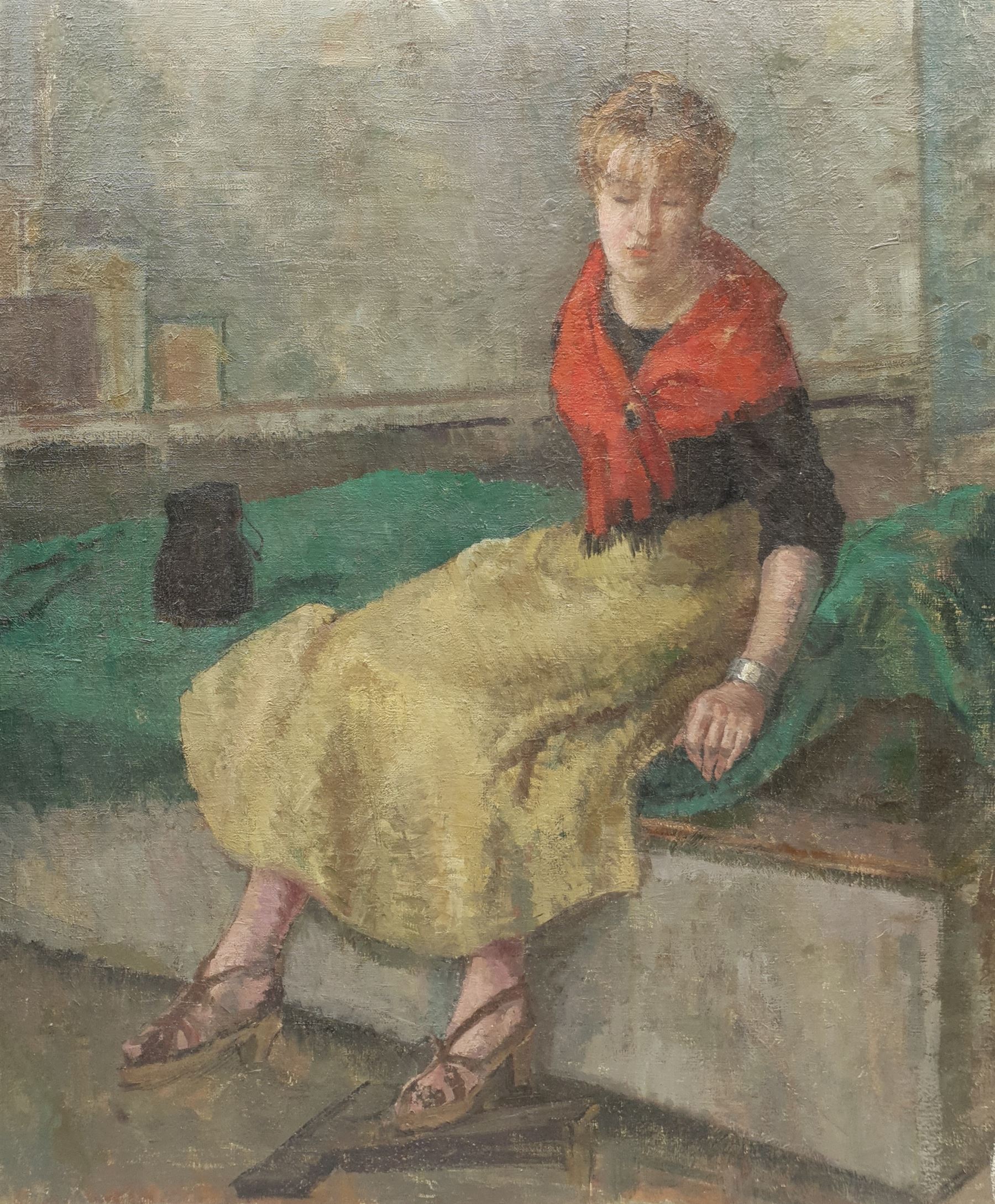 Constance Anne Parker (British 1921-2016): Young Lady at her Bedside, oil on canvas signed verso 76cm x 62cm