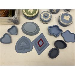 Wedgwood Jasperware to include lilac trinket box with original box, light blue vases, trinket dishes, boxes etc, together with a walnut box, coins and other collectables 