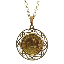  1981 gold 1/10 Krugerrand, loose mounted in gold pendant on gold necklace, both hallmarked 9ct  