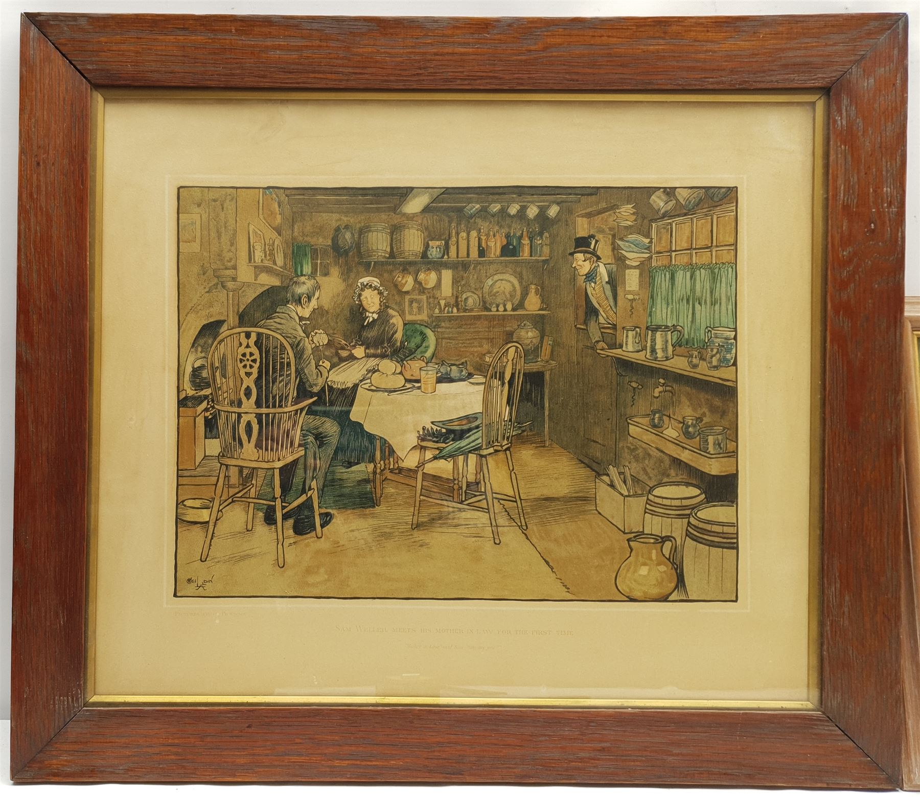 After Cecil Aldin (British 1870-1935), 'Sam Weller Meets his Mother in Law', chromolithograph from the 'Pictures from Pickwick' series pub. Lawrence and Jellicoe 30cm x 40cm; 'The Glasgow Coach', chromolithograph pub. Lawrence and Jellicoe c.1907, 27cm x 70cm (2)