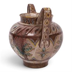 William De Morgan twin handled vase, sgraffito-decorated with turquoise and yellow trees, within a brown boarder, with a repeating floral boarder to the neck, with signed and impressed marks beneath, H21cm