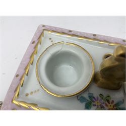 Limoges France hand painted ink well pot stand with lion paw feet, together with  pot pourri vase and cover in the shape of an egg raised on three scroll feet, ink well H14cm 