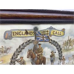 WW1 photogravure print depicting the VC action of Boy (1st Class) John Travers Cornwell mortally wounded in the Battle of Jutland May 31st 1916 34 x 41cm, walnut frame; and WW1 colour print entitled 'England's 1914-1919 Call' in simulated rosewood frame (2)