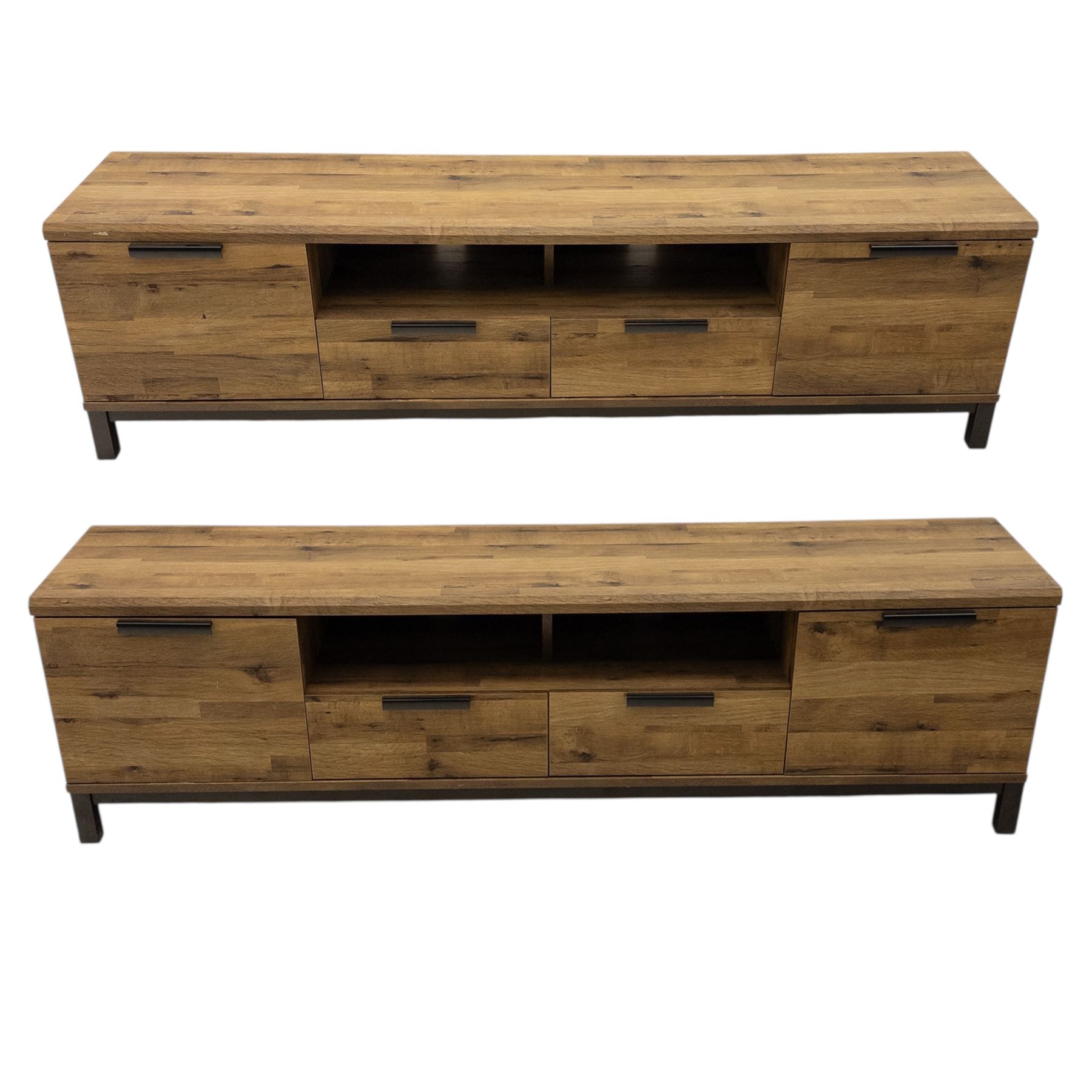 Pair of contemporary media sideboards, oak effect construction with inset handles, comprising two drawers and an open shelf flanked by cupboard doors, on metal supports (2)
