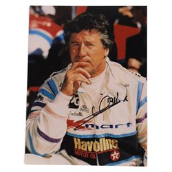 Signed Formula 1 memorabilia, including 1973 Milestones magazine signed to the front cover by Graham Hill and three signed photographs comprising Jackie Stewart, Jack Bradbury and Mario Andretti, with certificate of authenticity from Chaucer Auctions
