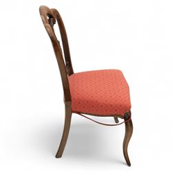 Set of four Victorian walnut balloon back chairs, with a carved and pierced back splat with foliate scrolls, serpentine seat upholstered in a diamond pattern fabric, raised on cabriole legs 