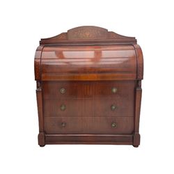 Italian inlaid walnut roll top desk, cylinder slide revealing fitted interior, retractable writing surface, three drawers
