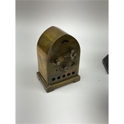 Miniature 'Zenith' travel alarm clock, in engine turned brass case with silvered numerical chapter ring, H5cm, together with other clocks to include Aynsley Portland Ware mantel clock, with moulded peacock design, Europa travelling clock, brass carriage clock, German copper clock of cube form etc