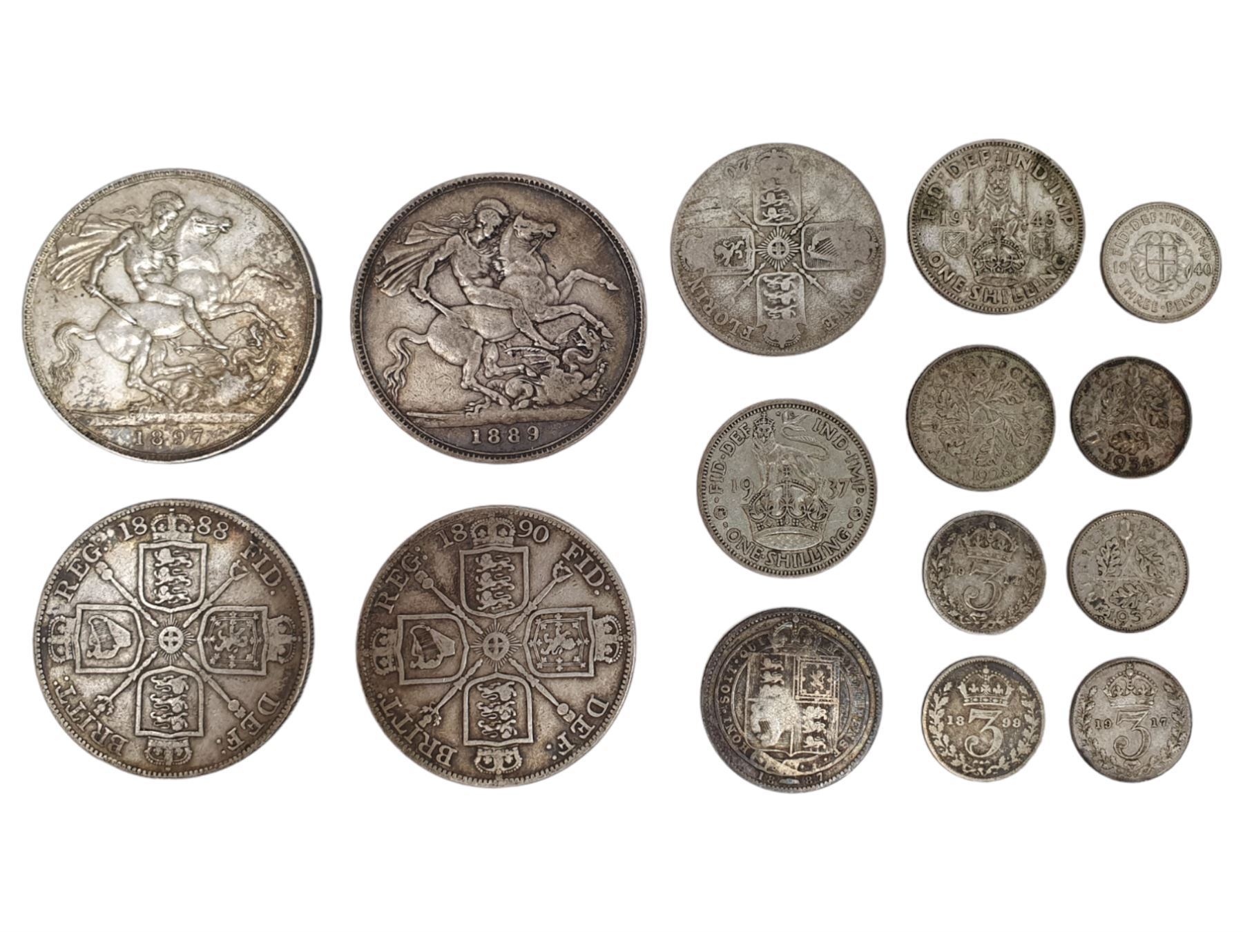 Queen Victoria 1889 and 1897 crown coins, 1888 (stamped JG to obverse) and 1890 double florins and a small number of pre 1947 Great British silver coins