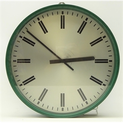 Mid 20th century circular green plastic wall clock with silver dial, D34cm  