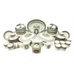 Royal Doulton Sonnet pattern part tea and dinner service, including  twelve dinner plates, twelve bowls, twelve side dishes, two covered tureens, one meat platter, coffee pot, twelve coffee cans and saucers etc (approx 90)