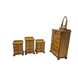 Pine bedroom furniture - tall chest (W78cm, H116cm, D46cm), pedestal chest (W46cm, H72cm, D36cm), pair bedside chests (W44cm, H57cm, D35cm), and a dressing table mirror (W49cm)