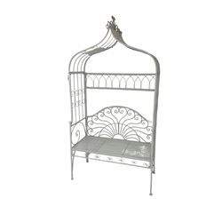 White finish wrought metal garden arbour bench, arched trellis top with scrolling design, lunette style back 