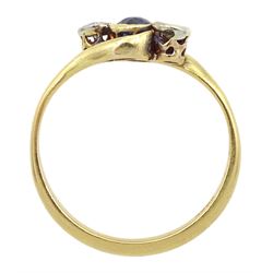 Art Deco 18ct gold three stone milgrain set diamond and synthetic sapphire ring
