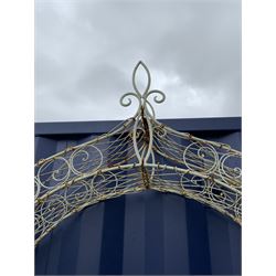 Painted metal and scrolled wire work garden arbour, pointed arched form with finial - THIS LOT IS TO BE COLLECTED BY APPOINTMENT FROM DUGGLEBY STORAGE, GREAT HILL, EASTFIELD, SCARBOROUGH, YO11 3TX